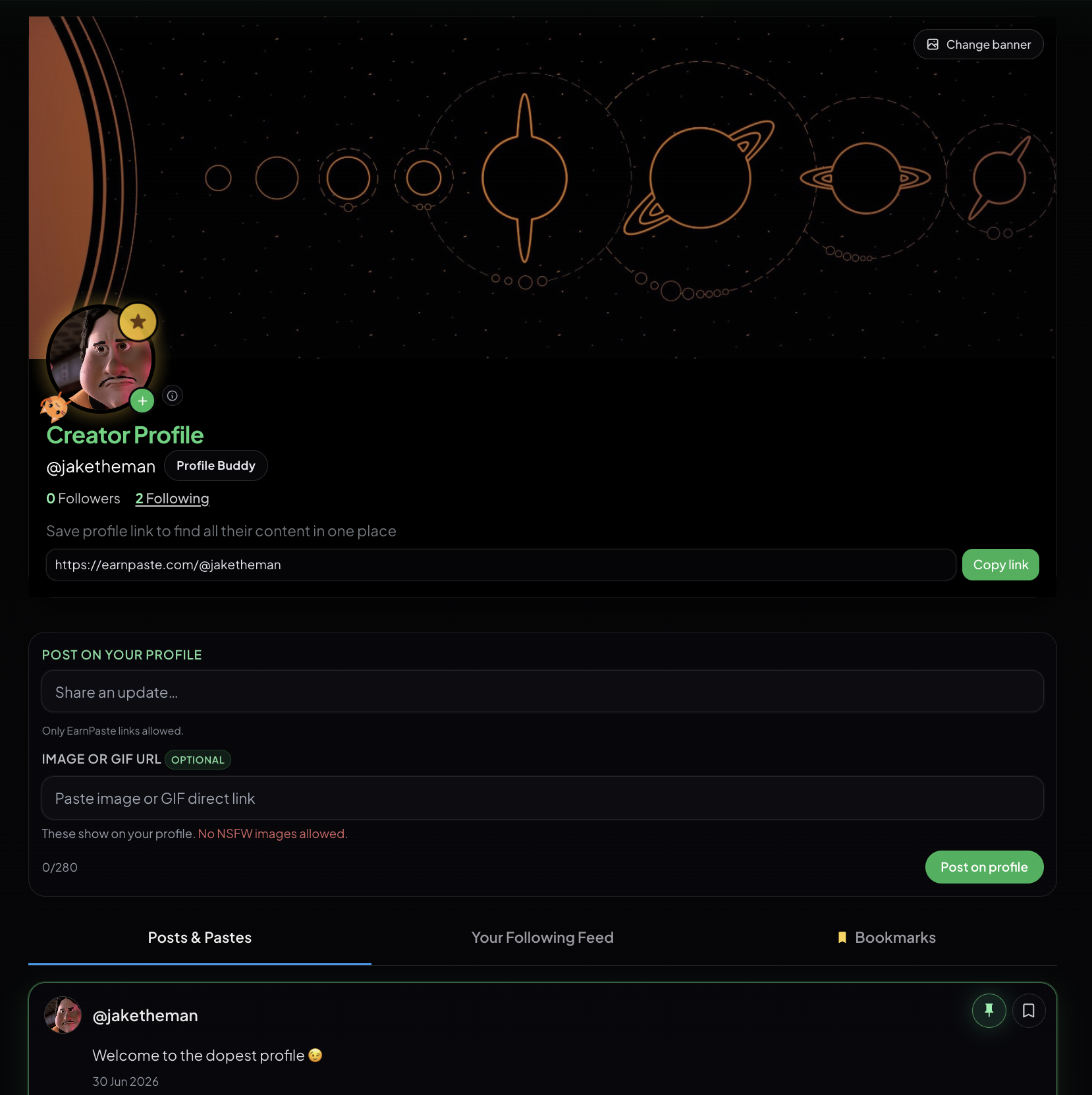 EarnPaste Creator Profile customization — avatar, banner, username, and posts timeline