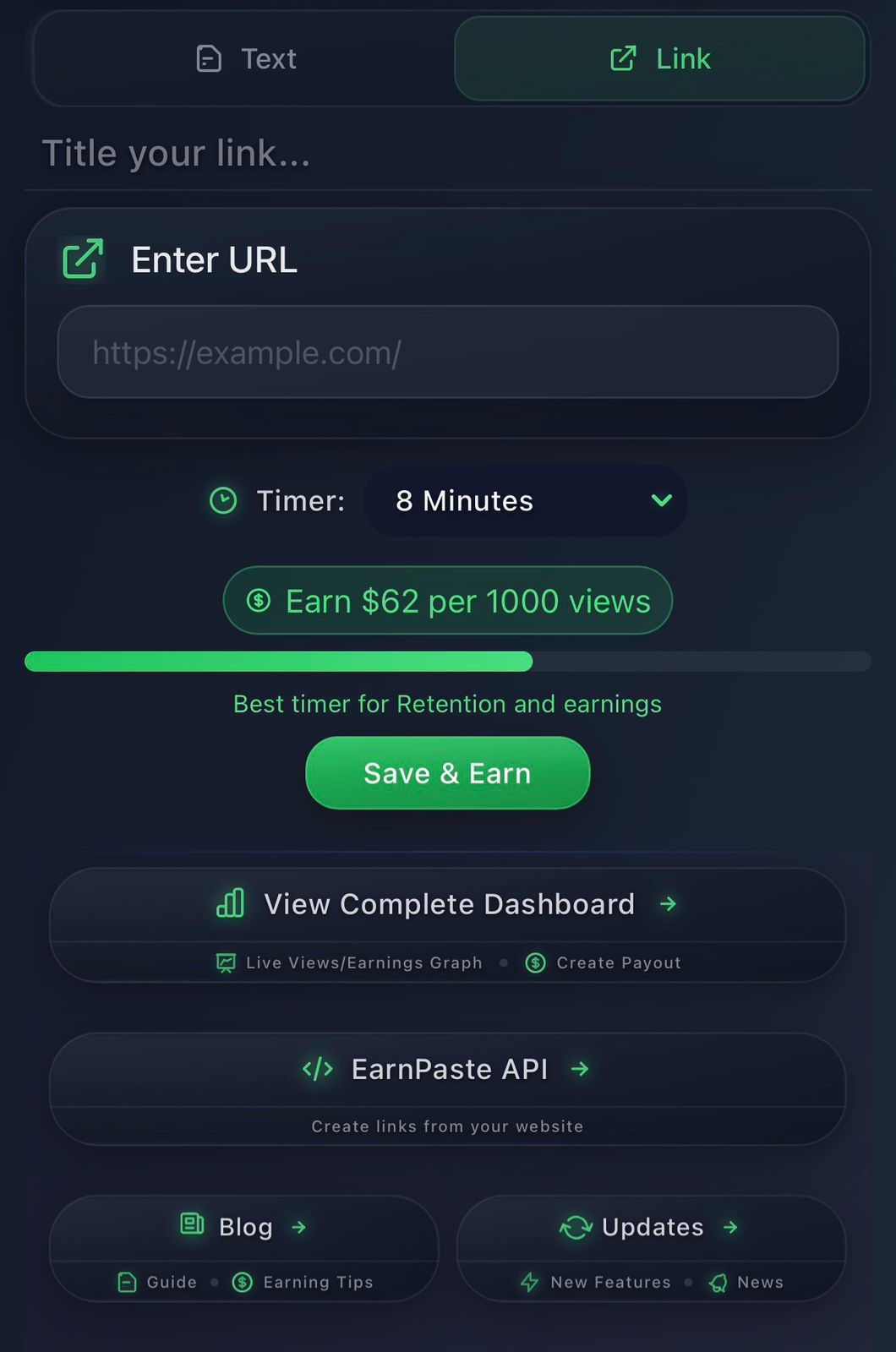 EarnPaste link creation with API option