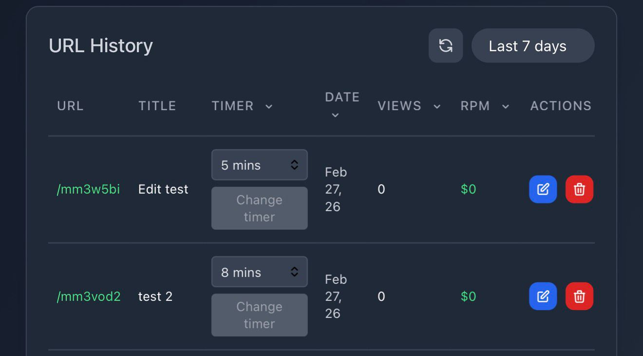 Change timer and edit link in URL History