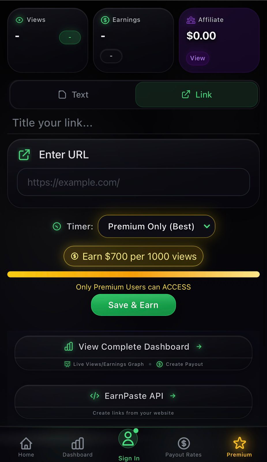 EarnPaste link creation - sleek dark UI